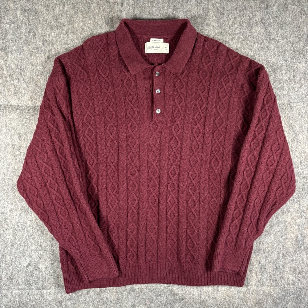 Abercrombie and Fitch‎ Cable Knit Sweater Polo Mens XL Red Sweater Pullover Prep